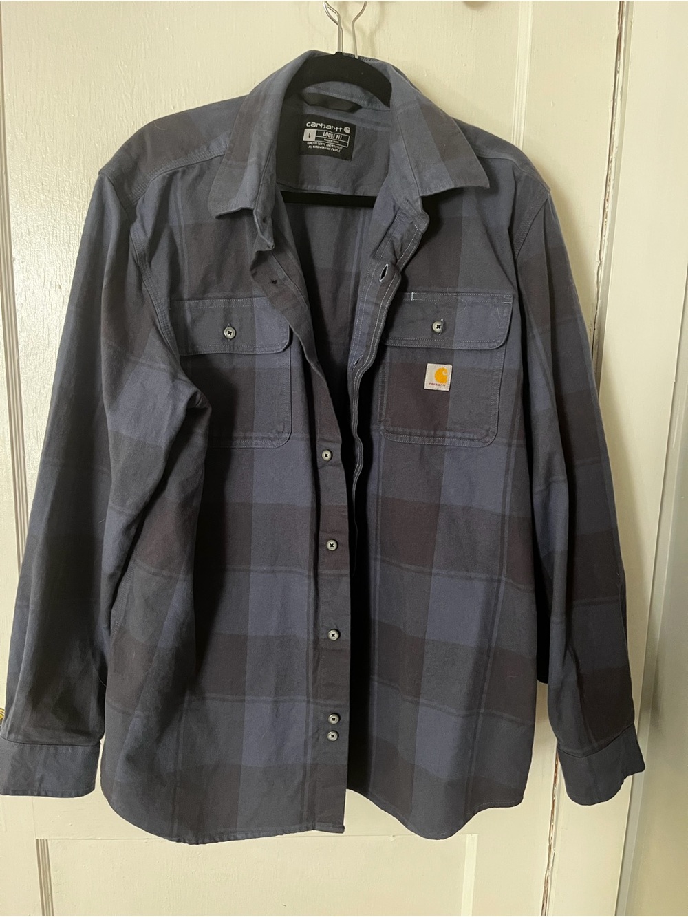 Carhartt Men’s Navy and Black Plaid Button-Down Work Shirt